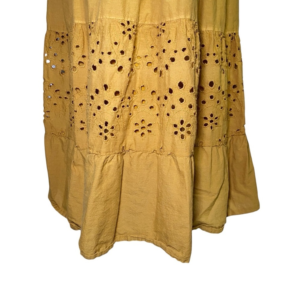 J Gee Mustard Yellow Boho Eyelet Tiered Midi Dress - Smocked Waist, V-Neck - Picture 7 of 16